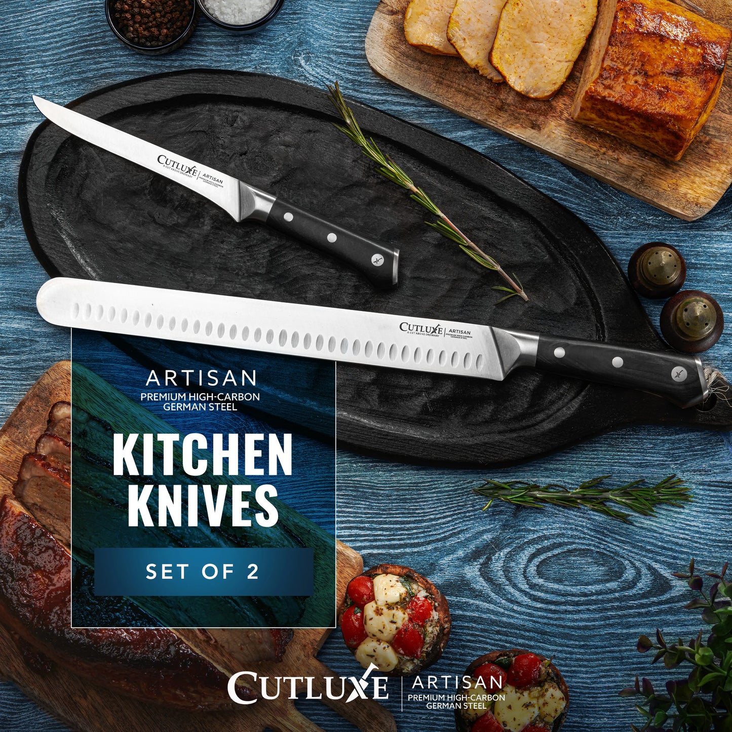 12" Brisket Slicing Knife and 6" Boning Knife | BBQ Carving Knife Set |  Artisan Series