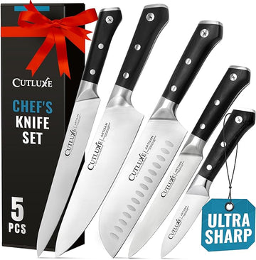 Chef's Knife Set 5 Pcs |  8" Chef Knife, 7" Santoku Knife, 5.5" Kitchen Utility Knife, 9” Carving Knife and 3.5” Paring Knife | Artisan Series