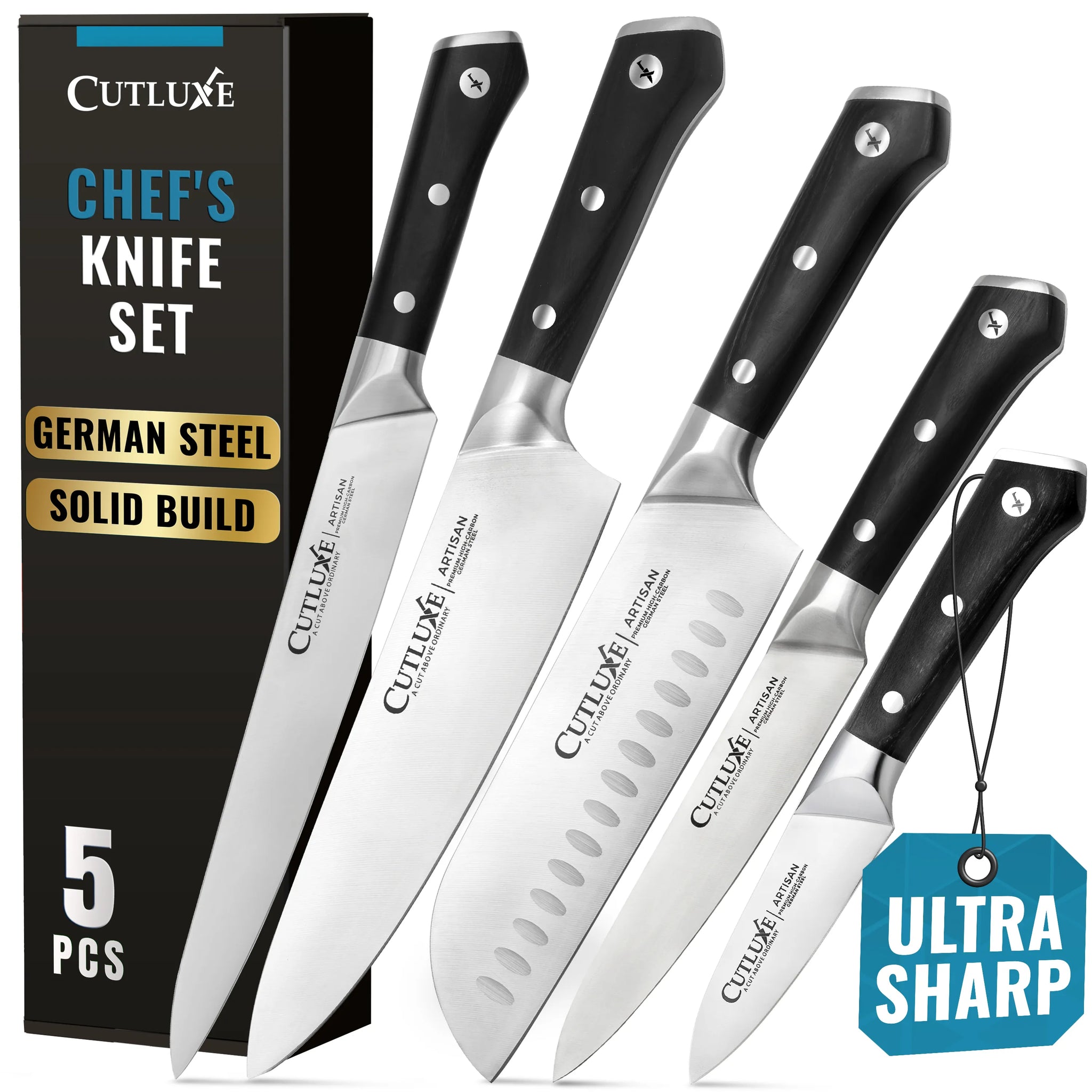 Chef's Knife Set 5 Pcs |  8" Chef Knife, 7" Santoku Knife, 5.5" Kitchen Utility Knife, 9” Carving Knife and 3.5” Paring Knife | Artisan Series