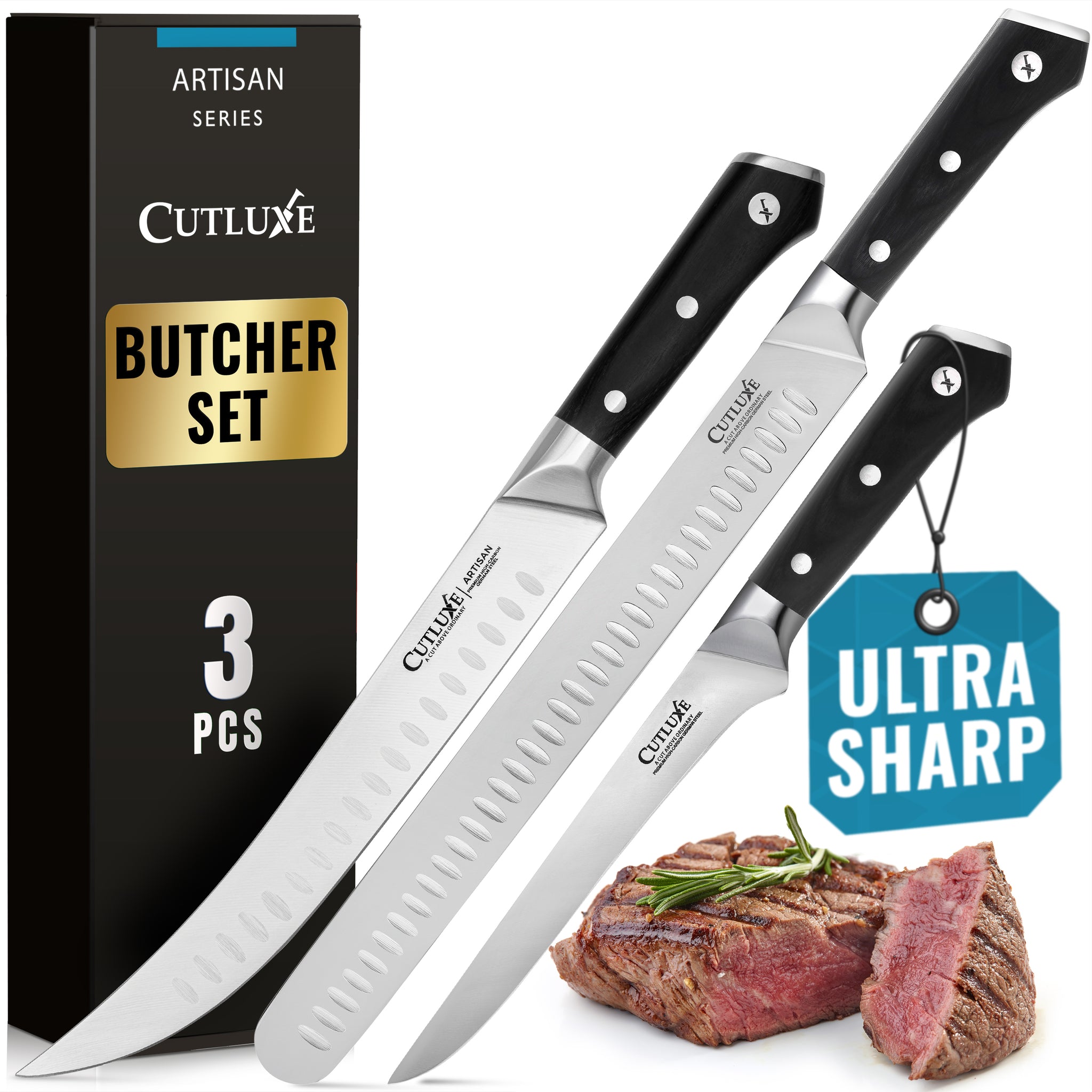 Butcher Knife Set 3 Pcs | 8" Brisket Knife, 10" Breaking Cimeter Knife, 6" Boning Knife | Artisan Series