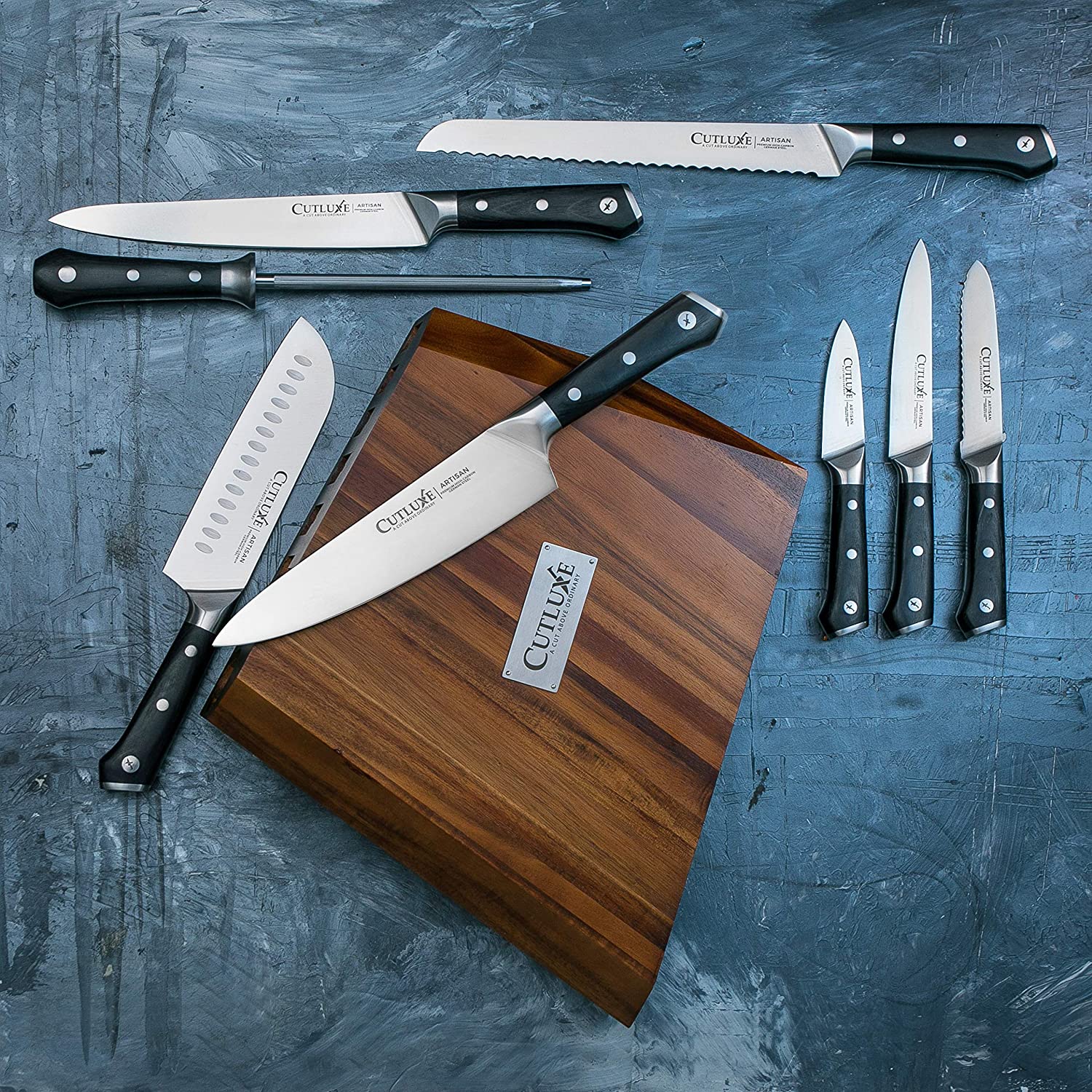 CUTLUXE 8pcs Knife Block Set – Razor Sharp Knives with Full Tang Design –  Forged of High Carbon German Steel – Natural Acacia Wood Block – Artisan